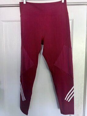 Adidas Tights Leggings Stripes White Stretchy Women's Burgundy Running